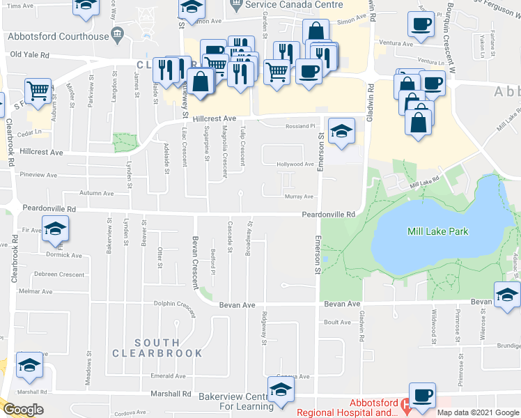 map of restaurants, bars, coffee shops, grocery stores, and more near 32565 Peardonville Road in Abbotsford