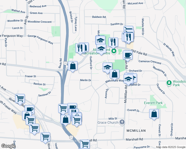 map of restaurants, bars, coffee shops, grocery stores, and more near 2418 Guilford Drive in Abbotsford