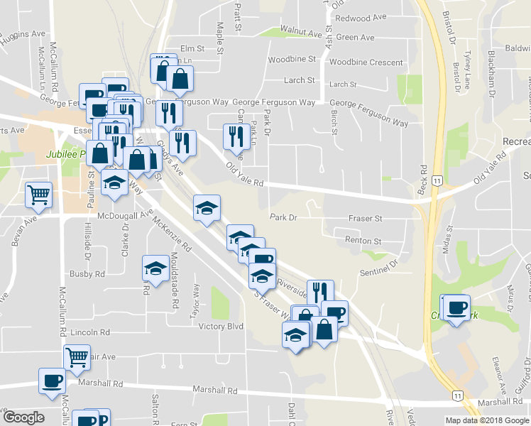 map of restaurants, bars, coffee shops, grocery stores, and more near 2411 Park Drive in Abbotsford