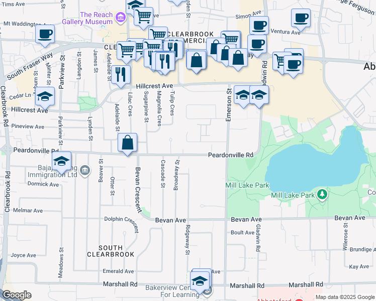 map of restaurants, bars, coffee shops, grocery stores, and more near 32565 Peardonville Road in Abbotsford