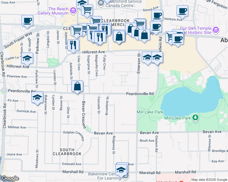 map of restaurants, bars, coffee shops, grocery stores, and more near 32565 Peardonville Road in Abbotsford