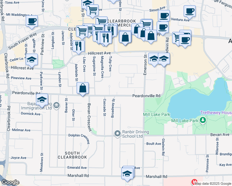 map of restaurants, bars, coffee shops, grocery stores, and more near 32553 Peardonville Road in Abbotsford