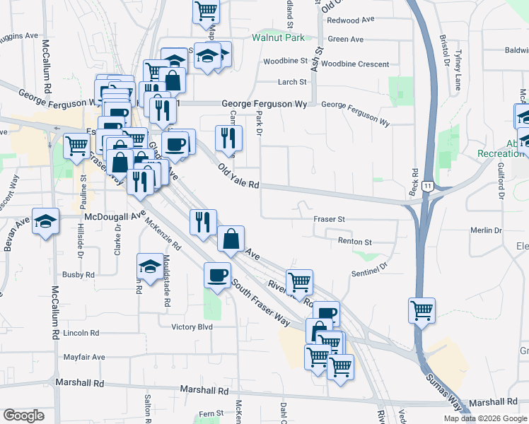 map of restaurants, bars, coffee shops, grocery stores, and more near 34082 Fraser Street in Abbotsford