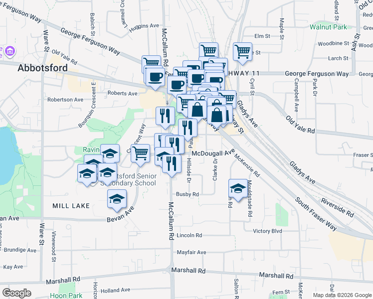 map of restaurants, bars, coffee shops, grocery stores, and more near 33671 McDougall Avenue in Abbotsford