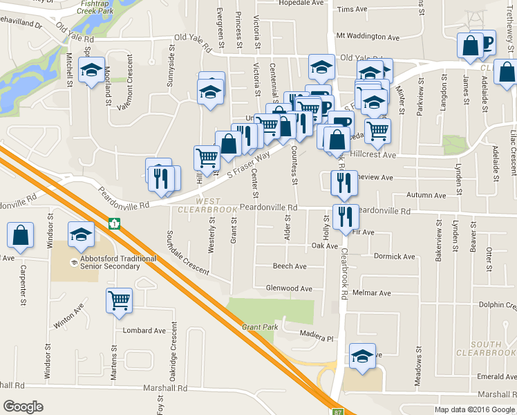 map of restaurants, bars, coffee shops, grocery stores, and more near 31828 Peardonville Road in Abbotsford