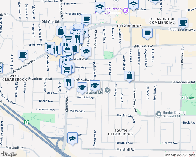 map of restaurants, bars, coffee shops, grocery stores, and more near 32193 Peardonville Road in Abbotsford