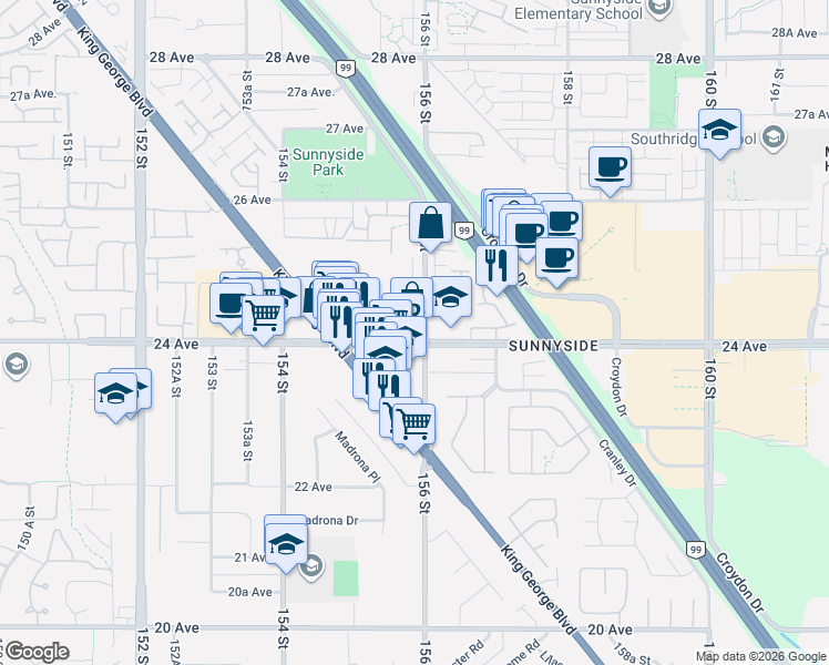 map of restaurants, bars, coffee shops, grocery stores, and more near 15585 24 Avenue in Surrey