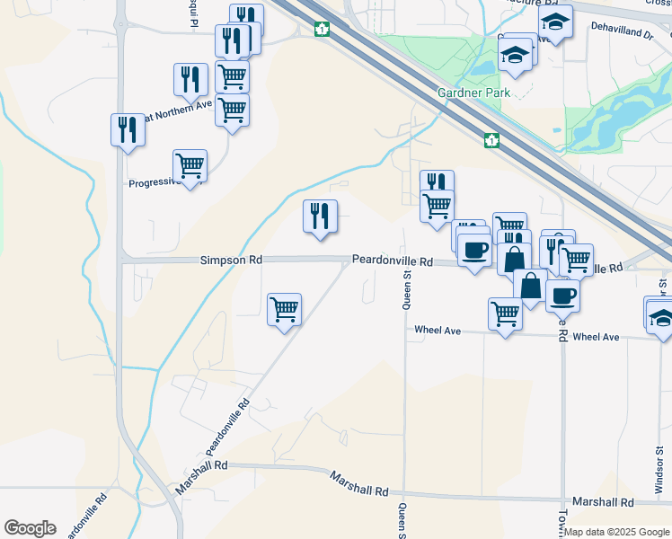 map of restaurants, bars, coffee shops, grocery stores, and more near 37010 Simpson Road in Abbotsford