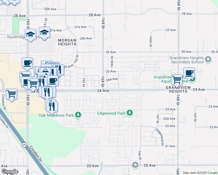 map of restaurants, bars, coffee shops, grocery stores, and more near 16439 24 Avenue in Surrey