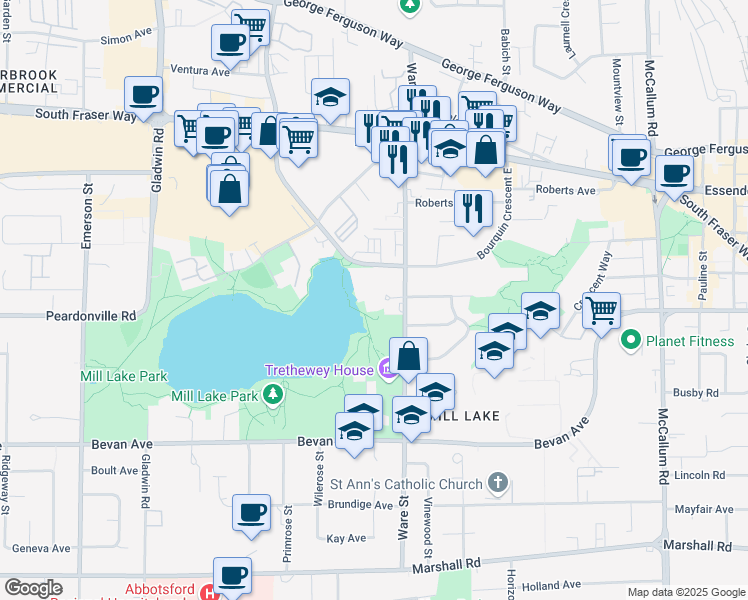 map of restaurants, bars, coffee shops, grocery stores, and more near 2387 Ware Street in Abbotsford