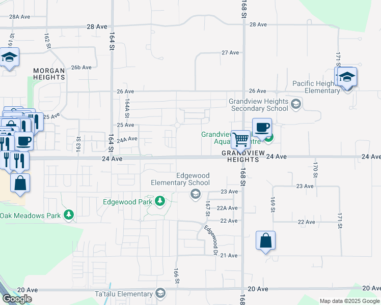 map of restaurants, bars, coffee shops, grocery stores, and more near 16637 24 Avenue in Surrey