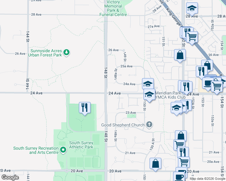 map of restaurants, bars, coffee shops, grocery stores, and more near 14827 24 Avenue in Surrey