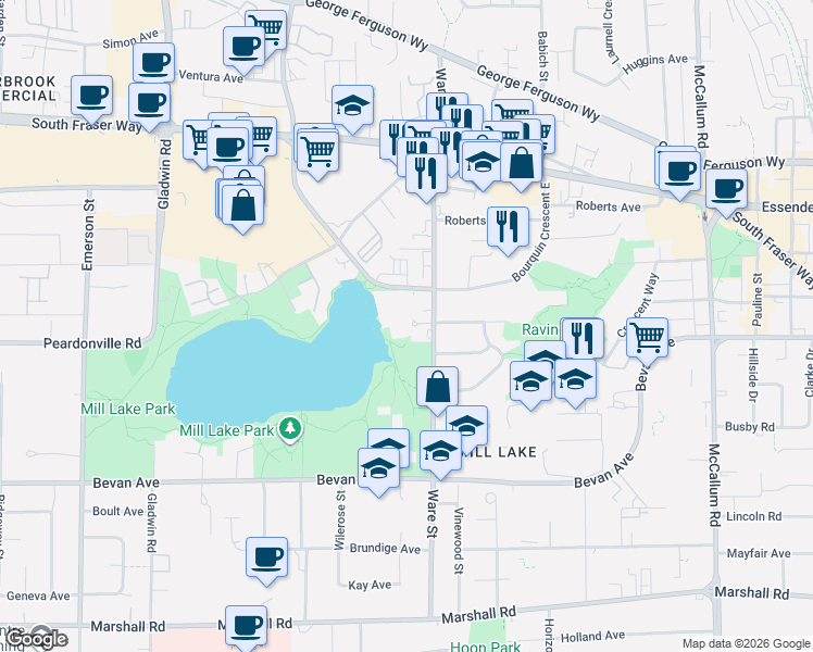 map of restaurants, bars, coffee shops, grocery stores, and more near 33160 Plaxton Crescent in Abbotsford