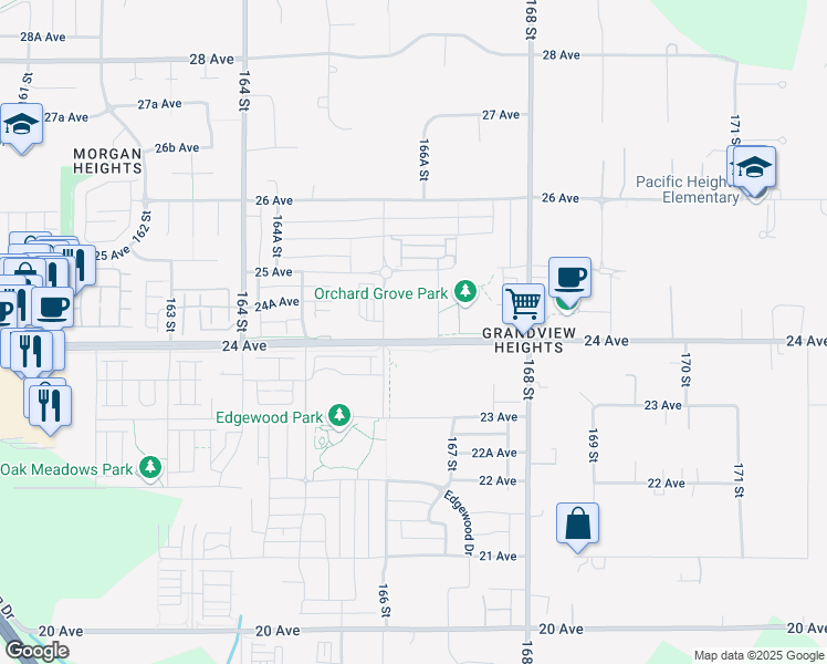 map of restaurants, bars, coffee shops, grocery stores, and more near 16637 24 Avenue in Surrey