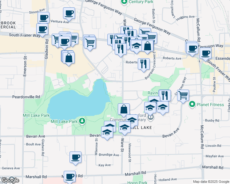 map of restaurants, bars, coffee shops, grocery stores, and more near 33160 Plaxton Crescent in Abbotsford