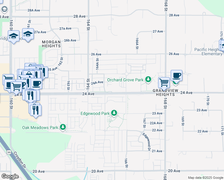 map of restaurants, bars, coffee shops, grocery stores, and more near 16528 24A Avenue in Surrey