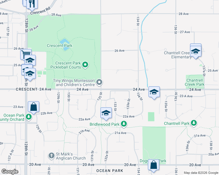 map of restaurants, bars, coffee shops, grocery stores, and more near 13241 24 Avenue in Surrey