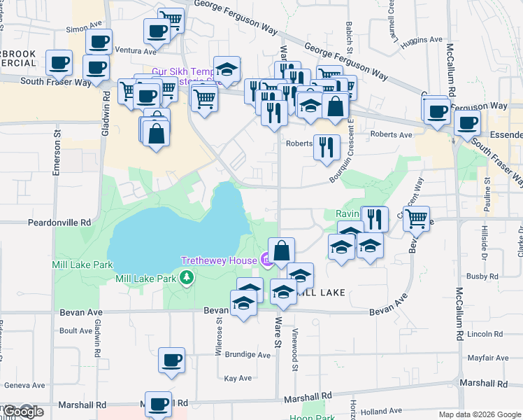 map of restaurants, bars, coffee shops, grocery stores, and more near 2387 Ware Street in Abbotsford