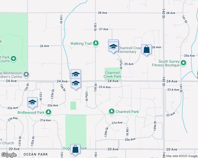 map of restaurants, bars, coffee shops, grocery stores, and more near 13619 24 Avenue in Surrey