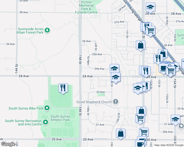 map of restaurants, bars, coffee shops, grocery stores, and more near 14877 24 Avenue in Surrey