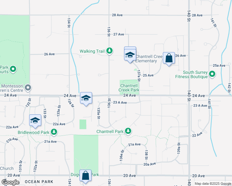 map of restaurants, bars, coffee shops, grocery stores, and more near 13631 24 Avenue in Surrey