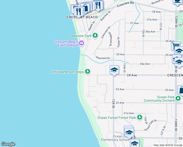 map of restaurants, bars, coffee shops, grocery stores, and more near in Surrey