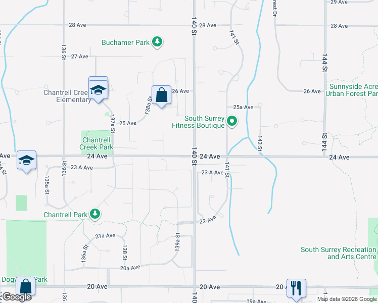 map of restaurants, bars, coffee shops, grocery stores, and more near 13995 24 Avenue in Surrey