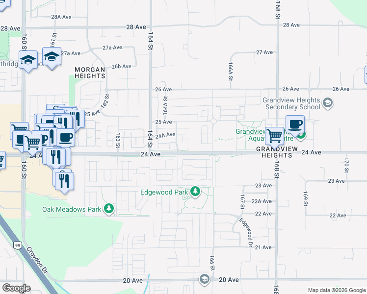 map of restaurants, bars, coffee shops, grocery stores, and more near 16511 24 Avenue in Surrey