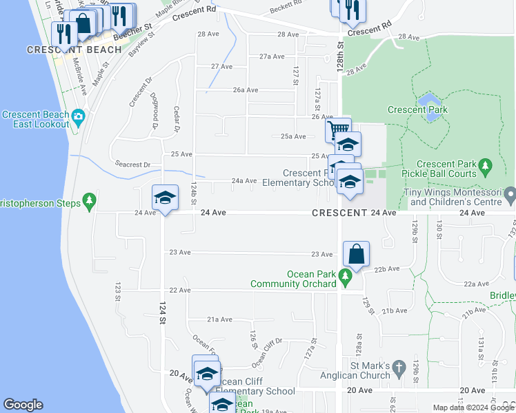 map of restaurants, bars, coffee shops, grocery stores, and more near 12625 24 Avenue in Surrey