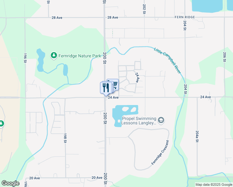 map of restaurants, bars, coffee shops, grocery stores, and more near 2390 200 Street in Langley
