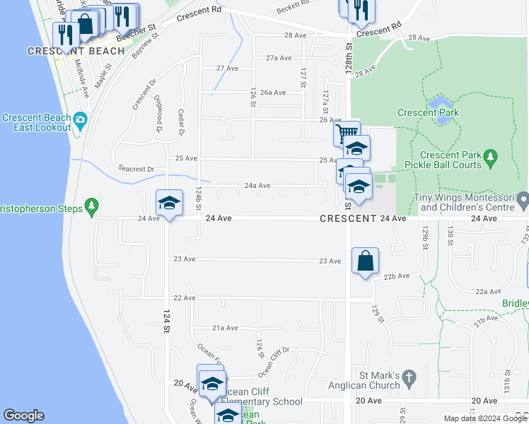 map of restaurants, bars, coffee shops, grocery stores, and more near 12625 24 Avenue in Surrey