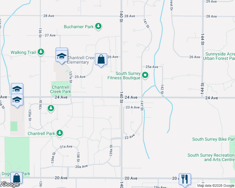 map of restaurants, bars, coffee shops, grocery stores, and more near 13995 24 Avenue in Surrey