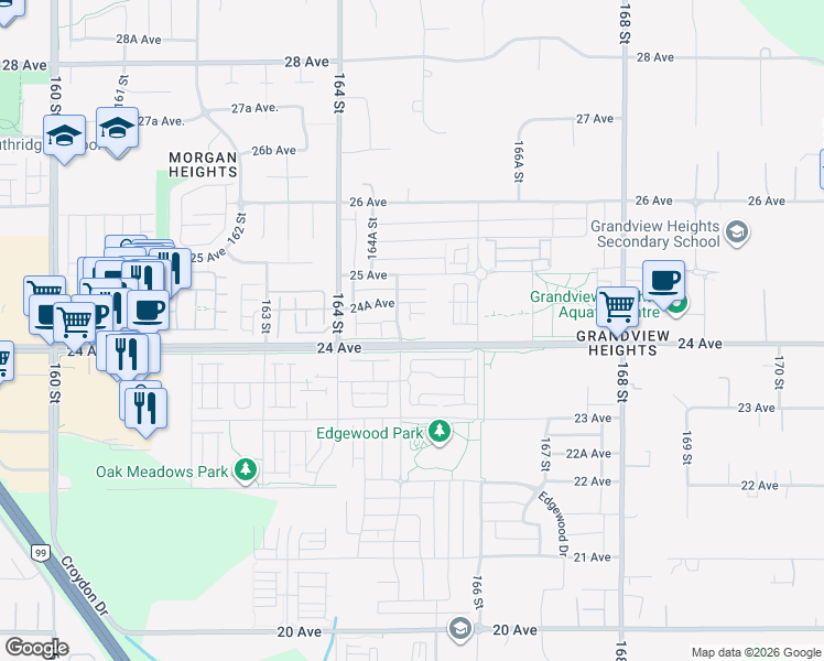 map of restaurants, bars, coffee shops, grocery stores, and more near 16528 24A Avenue in Surrey