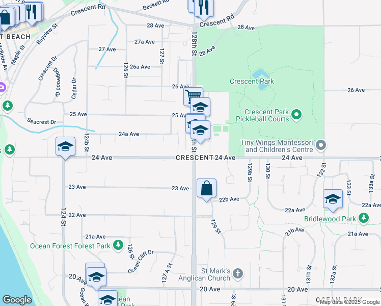 map of restaurants, bars, coffee shops, grocery stores, and more near 2413 128th Street in Surrey