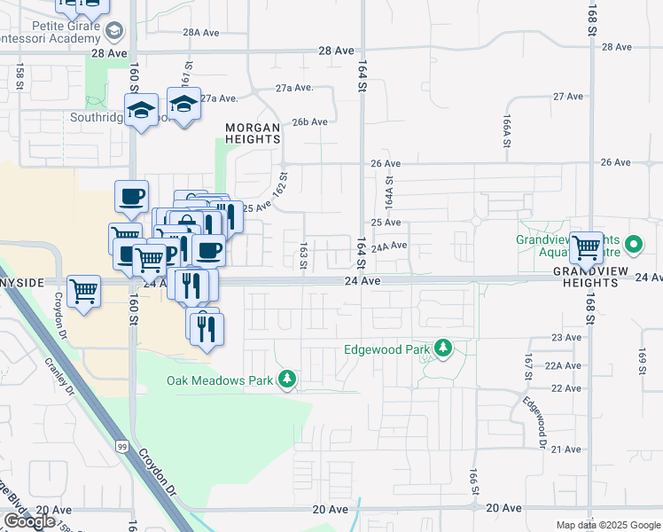 map of restaurants, bars, coffee shops, grocery stores, and more near 2427 164 Street in Surrey