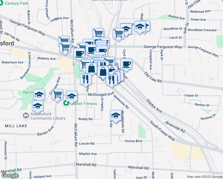 map of restaurants, bars, coffee shops, grocery stores, and more near 33820 South Fraser Way in Abbotsford