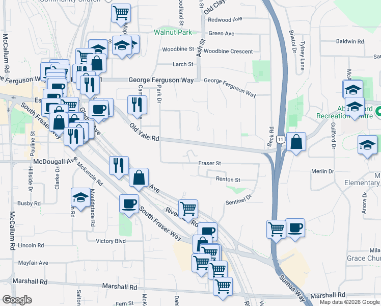 map of restaurants, bars, coffee shops, grocery stores, and more near 34159 Fraser Street in Abbotsford