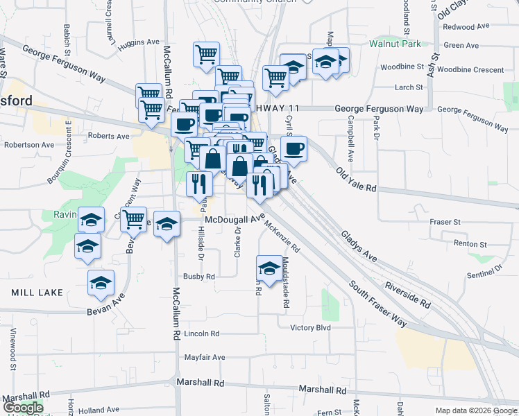 map of restaurants, bars, coffee shops, grocery stores, and more near 33820 South Fraser Way in Abbotsford