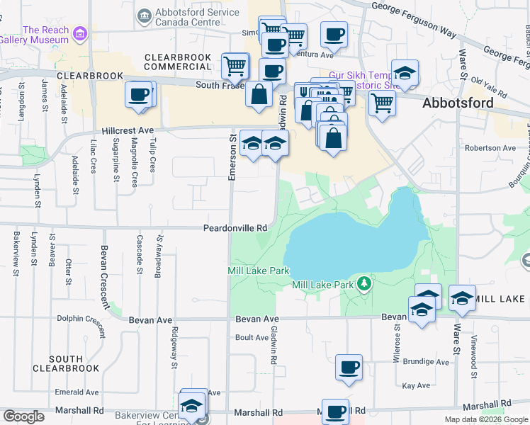 map of restaurants, bars, coffee shops, grocery stores, and more near 194 Peardonville Road in Abbotsford