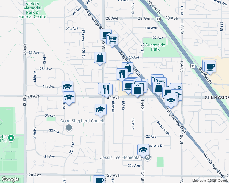 map of restaurants, bars, coffee shops, grocery stores, and more near 15273 24 Avenue in Surrey