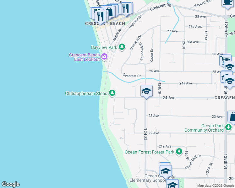 map of restaurants, bars, coffee shops, grocery stores, and more near in Surrey