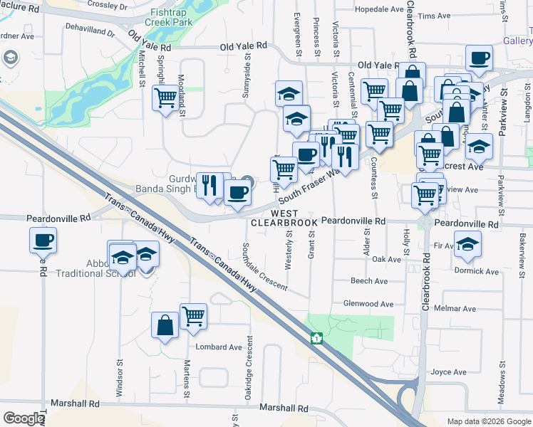 map of restaurants, bars, coffee shops, grocery stores, and more near 31690 Peardonville Road in Abbotsford