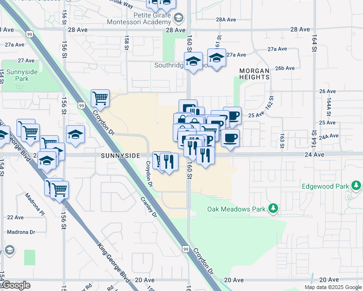 map of restaurants, bars, coffee shops, grocery stores, and more near in Surrey