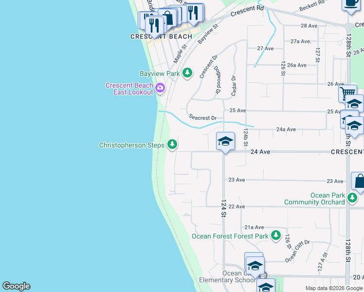 map of restaurants, bars, coffee shops, grocery stores, and more near 2422 Christopherson Road in Surrey