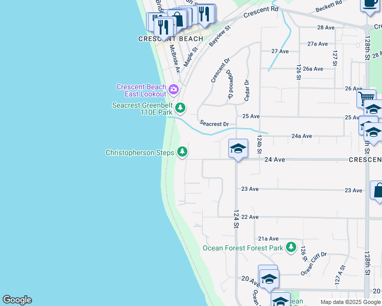 map of restaurants, bars, coffee shops, grocery stores, and more near 2422 Christopherson Road in Surrey