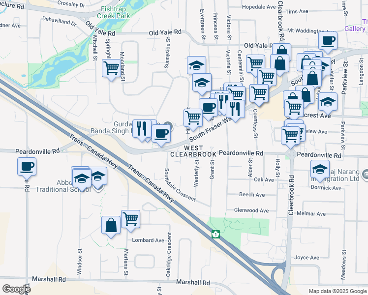 map of restaurants, bars, coffee shops, grocery stores, and more near 31690 Peardonville Road in Abbotsford