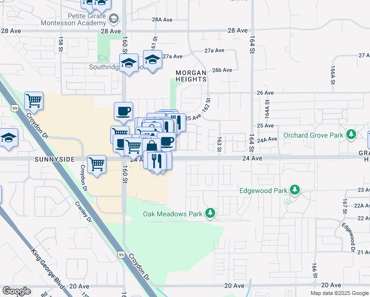 map of restaurants, bars, coffee shops, grocery stores, and more near 2450 161A Street in Surrey