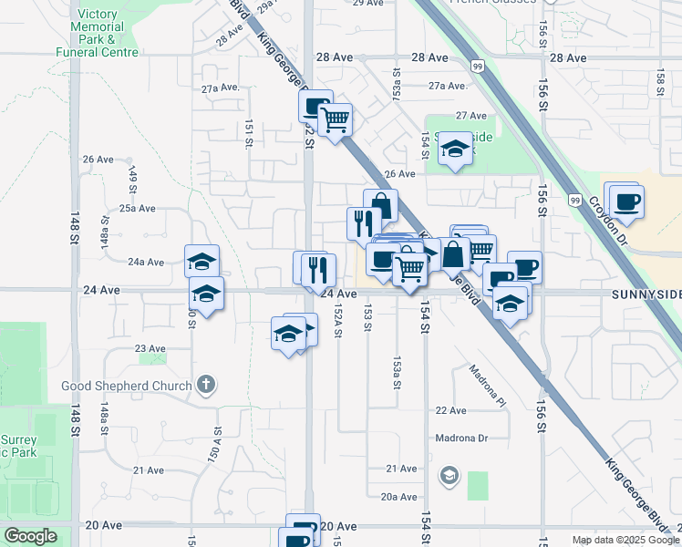 map of restaurants, bars, coffee shops, grocery stores, and more near 15273 24 Avenue in Surrey