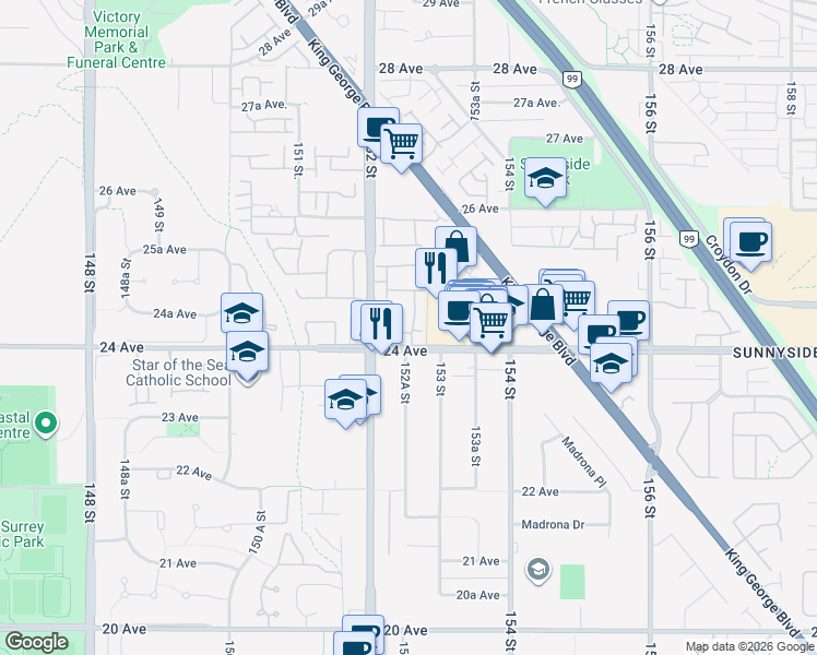 map of restaurants, bars, coffee shops, grocery stores, and more near in Surrey