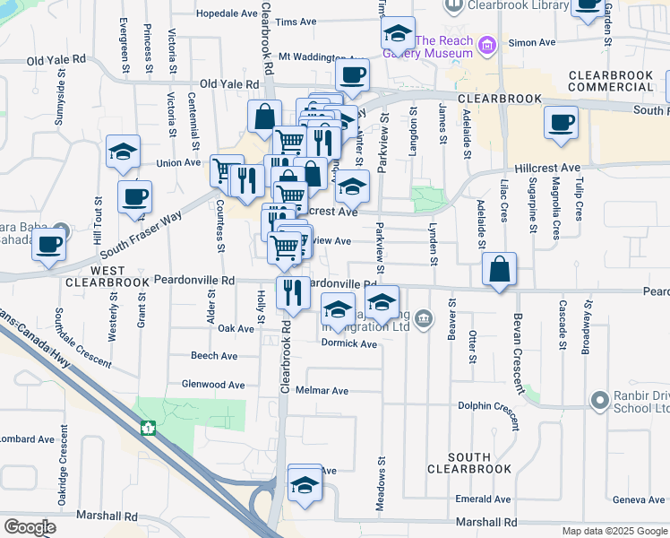 map of restaurants, bars, coffee shops, grocery stores, and more near 2414 Church Street in Abbotsford